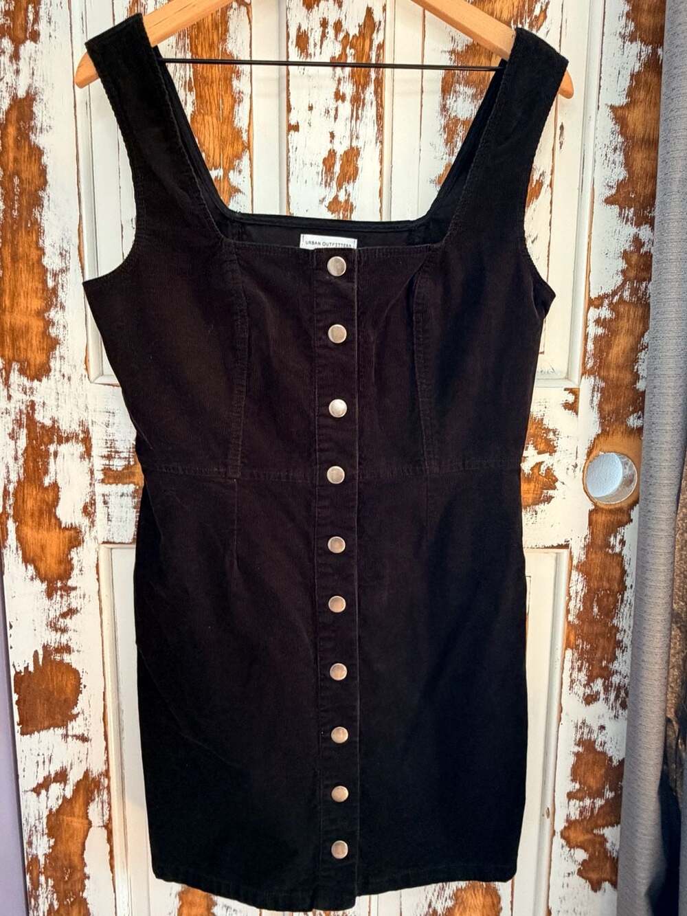 Urban Outfitters Corduroy Mini Dress Size US 12 Black Button Front Grunge Y2K